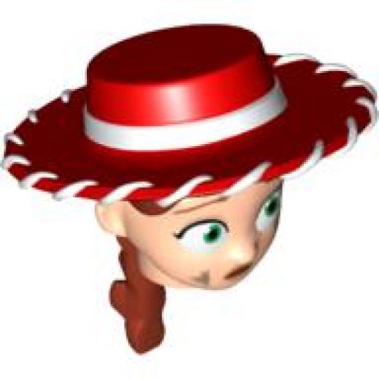 Minifigure, Head, Modified Female with Red Hat and Ponytail, Dirt Stains Pattern (Jessie)