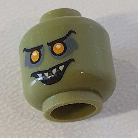 Minifigure, Head Alien with Orange Eyes with White Pupils, Black Eyebrows, Open Smile with Pointed Teeth Pattern - Hollow Stud