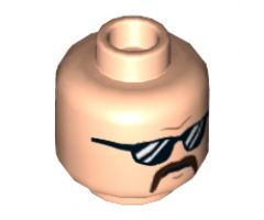 Minifigure, Head Dark Orange Brow Furrow, Black Sunglasses with White Stripes, Dark Brown Horseshoe Moustache Pattern - Hollow Stud