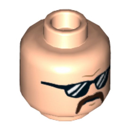 Minifigure, Head Dark Orange Brow Furrow, Black Sunglasses with White Stripes, Dark Brown Horseshoe Moustache Pattern - Hollow Stud
