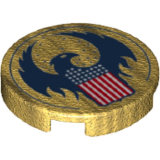 Tile, Round 2 x 2 with Bottom Stud Holder with Blue Bird with Raised Wings and Flag with Red, White and Blue Stars and Stripes Pattern