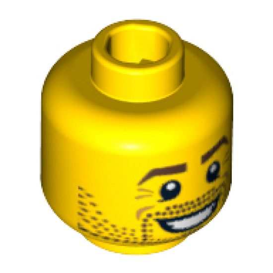 Minifigure, Head Beard Stubble, Brown Eyebrows, White Pupils, Crow's Feet, Open Smile Pattern - Blocked Open Stud