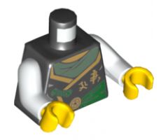 Torso Ninjago Robe with Dark Green Sash, Gold Asian Characters, Torn with Dark Purple Snake Head on Back Pattern / White Arms / Yellow Hands