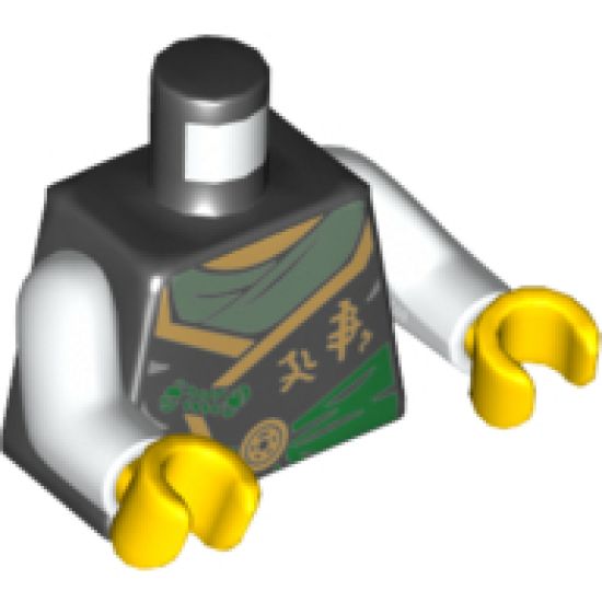 Torso Ninjago Robe with Dark Green Sash, Gold Asian Characters, Torn with Dark Purple Snake Head on Back Pattern / White Arms / Yellow Hands