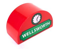 Duplo, Brick 2 x 4 x 2 Curved Top with 'WELLSWORTH' and Clock Pattern