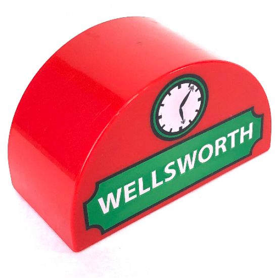 Duplo, Brick 2 x 4 x 2 Curved Top with 'WELLSWORTH' and Clock Pattern