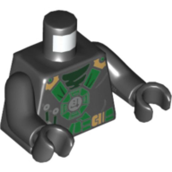 Torso Ninjago Green and Gold Straps and Belt, Round Emblem, Weapons and Dark Green Undershirt Pattern / Black Arms / Black Hands