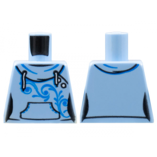 Torso Female Hoodie with White Laces, Blue Scrollwork, Kangaroo Pocket and Back Print Pattern