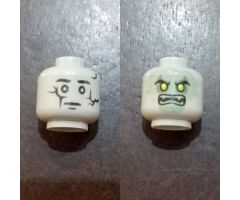 Minifigure, Head Dual Sided Alien Cracked Statue / Sand Green Ghost Face with Scowl and Fangs Pattern - Hollow Stud