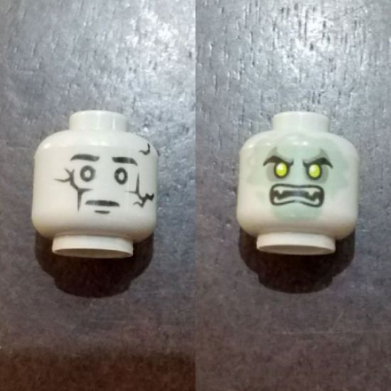 Minifigure, Head Dual Sided Alien Cracked Statue / Sand Green Ghost Face with Scowl and Fangs Pattern - Hollow Stud