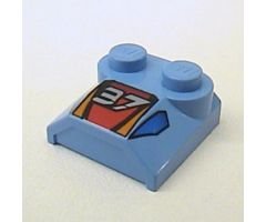 Slope, Curved 2 x 2 x 2/3 with Two Studs and Curved Sides, Lip End with '37' and Red / Orange / Blue Pattern