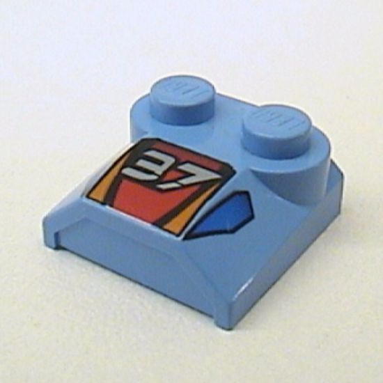 Slope, Curved 2 x 2 x 2/3 with Two Studs and Curved Sides, Lip End with '37' and Red / Orange / Blue Pattern