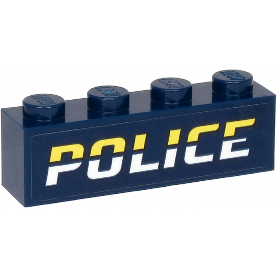 Brick 1 x 4 with Bright Light Yellow and White 'POLICE' on Dark Blue Background Pattern (Sticker) - Set 60273