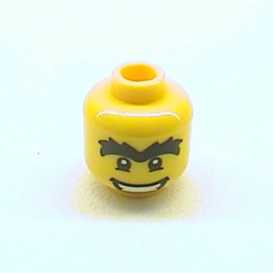 Minifigure, Head Male Black Eyes with White Pupils, Unibrow and Wide Mouth Pattern - Hollow Stud