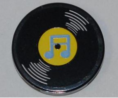 Tile, Round 2 x 2 with Vinyl Record with Yellow Center and Medium Blue Musical Notes Pattern (Sticker) - Set 3818