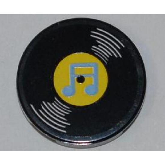 Tile, Round 2 x 2 with Vinyl Record with Yellow Center and Medium Blue Musical Notes Pattern (Sticker) - Set 3818