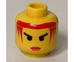 Minifigure, Head Female with Red Lips and Red Hair, Angry Black Eyebrows Pattern - Blocked Open Stud