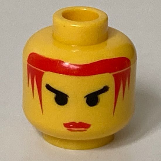Minifigure, Head Female with Red Lips and Red Hair, Angry Black Eyebrows Pattern - Blocked Open Stud