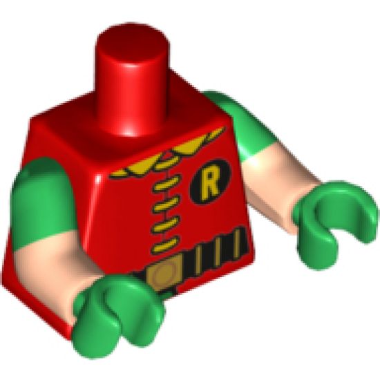 Torso Batman 'R' Symbol, 5 Yellow Clasps and Collar, Black and Gold Belt Pattern / Light Nougat Arms with Green Short Sleeves Pattern / Green Hands