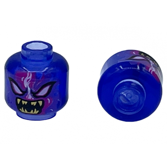 Minifigure, Head Alien, Dark Purple and Magenta Flame/Energy, White Eyes, Open Mouth with Sharp Gold Teeth Pattern - Vented Stud