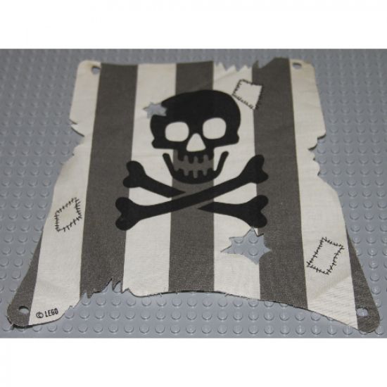 Cloth Sail Square with Dark Gray Stripes, Skull and Crossbones Pattern, Damage Cutouts