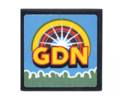 Tile 2 x 2 with TV Screen with Yellow 'GDN', Semicircle, and Sand Green Crowd Silhouette on Medium Blue Background Pattern (Sticker) - Set 70620