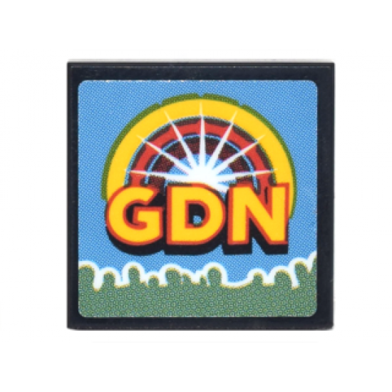 Tile 2 x 2 with TV Screen with Yellow 'GDN', Semicircle, and Sand Green Crowd Silhouette on Medium Blue Background Pattern (Sticker) - Set 70620
