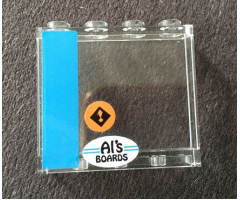 Panel 1 x 4 x 3 with Side Supports - Hollow Studs with Dark Azure Stripe, Orange Exclamation Mark and 'Al's BOARDS' Pattern Model Left Side (Stickers) - Set 10252