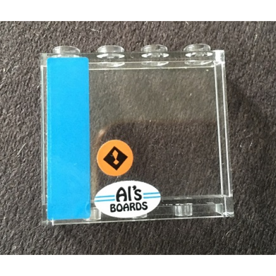 Panel 1 x 4 x 3 with Side Supports - Hollow Studs with Dark Azure Stripe, Orange Exclamation Mark and 'Al's BOARDS' Pattern Model Left Side (Stickers) - Set 10252