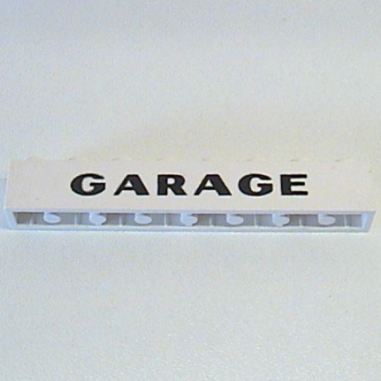 Brick 1 x 8 with Black 'GARAGE' Sans-Serif Thick Pattern, Elaborate 'G'