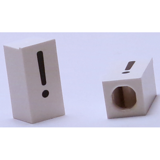 Tile, Modified 1 x 2 x 5/6 with Stud Hole in End and Black '!' Exclamation Mark Pattern