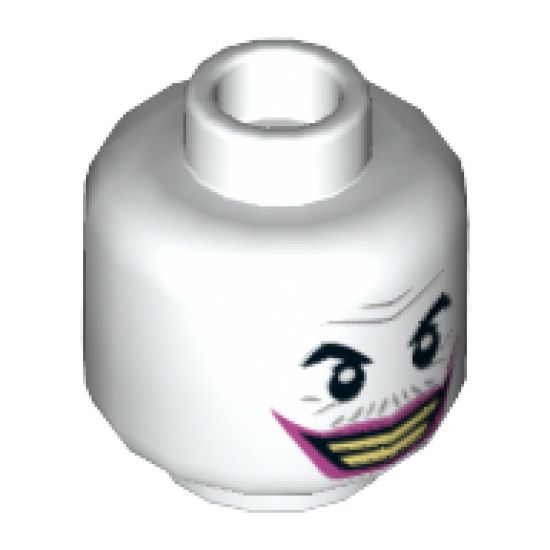 Minifigure, Head Dual Sided Black Eyebrows, Gray Wrinkles and Moustache, Dark Pink Lips, Wide Grin / Lips Pursed Pattern (The Joker) - Hollow Stud