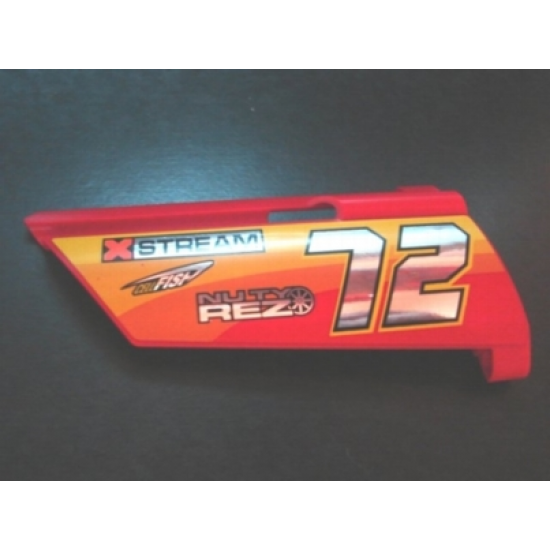 Technic, Panel Fairing #21 Large Long, Small Hole, Side B with Chrome '72' and Racing Logos on Orange and Yellow Pattern (Sticker) - Set 8146