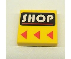 Tile 2 x 2 with White 'SHOP' and Red Line on Black Rounded Rectangle, Red Triangles Pattern