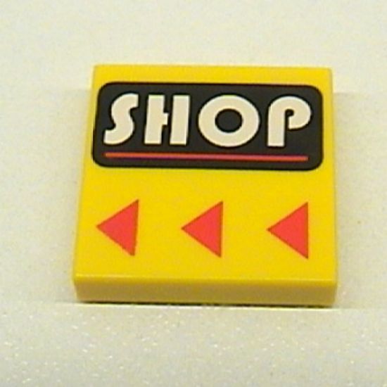 Tile 2 x 2 with White 'SHOP' and Red Line on Black Rounded Rectangle, Red Triangles Pattern