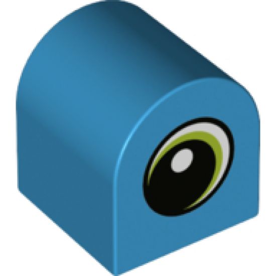 Duplo, Brick 2 x 2 x 2 Curved Top with White Spot and Lime Circled Eye Looking Left Pattern