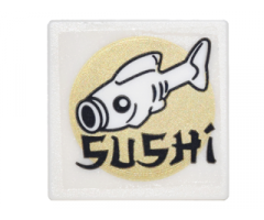 Road Sign 2 x 2 Square with Open O Clip with Fish, Gold Circle and Black 'SUSHI' Pattern (Sticker) - Set 70620
