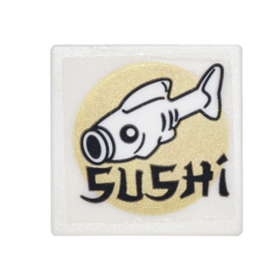 Road Sign 2 x 2 Square with Open O Clip with Fish, Gold Circle and Black 'SUSHI' Pattern (Sticker) - Set 70620