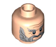 Minifigure, Head Dual Sided LotR Beard Gray Full, Bushy Eyebrows and Wrinkles, Calm / Battle Rage Pattern (Dori) - Hollow Stud
