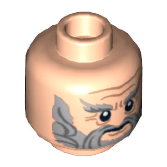 Minifigure, Head Dual Sided LotR Beard Gray Full, Bushy Eyebrows and Wrinkles, Calm / Battle Rage Pattern (Dori) - Hollow Stud