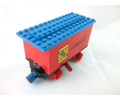 Train Battery Box Car with Two Contact Holes, Red Switch Lever, Blue and Red Magnets, Red Wheels, and Blue Roof with 'TRANSPORT' on Yellow Box and 'COMPANY' Pattern on Both Sides (Stickers) - Set 180