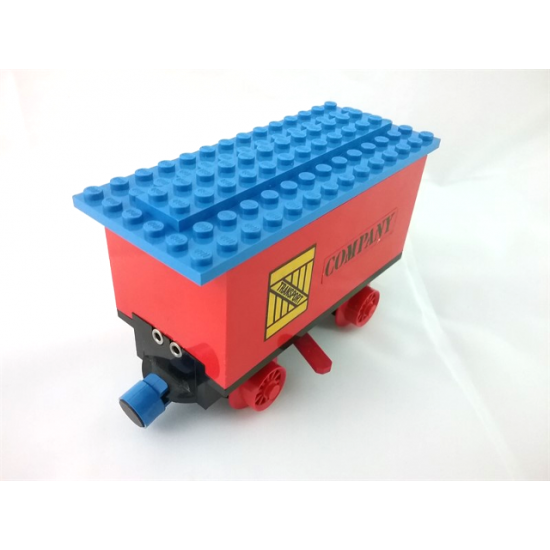 Train Battery Box Car with Two Contact Holes, Red Switch Lever, Blue and Red Magnets, Red Wheels, and Blue Roof with 'TRANSPORT' on Yellow Box and 'COMPANY' Pattern on Both Sides (Stickers) - Set 180