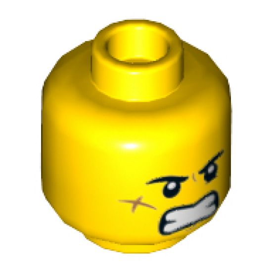 Minifigure, Head Dual Sided Black Eyebrows, Cheek Scar, Large Smile with Teeth / Angry Pattern - Hollow Stud