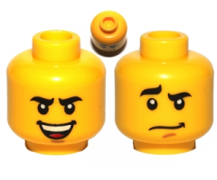 Minifigure, Head Dual Sided Black Curved Eyebrows, Brown Chin Dimple, Laughing / Worried Pattern - Hollow Stud