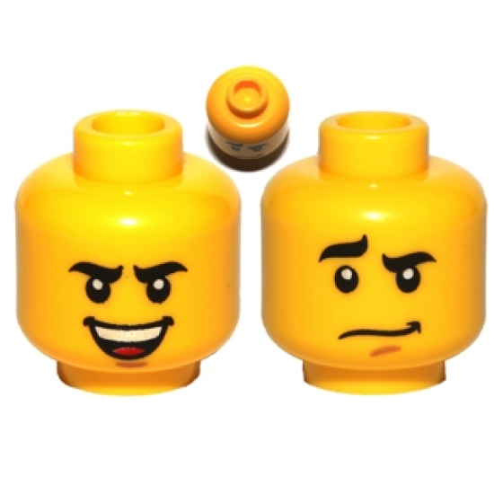 Minifigure, Head Dual Sided Black Curved Eyebrows, Brown Chin Dimple, Laughing / Worried Pattern - Hollow Stud