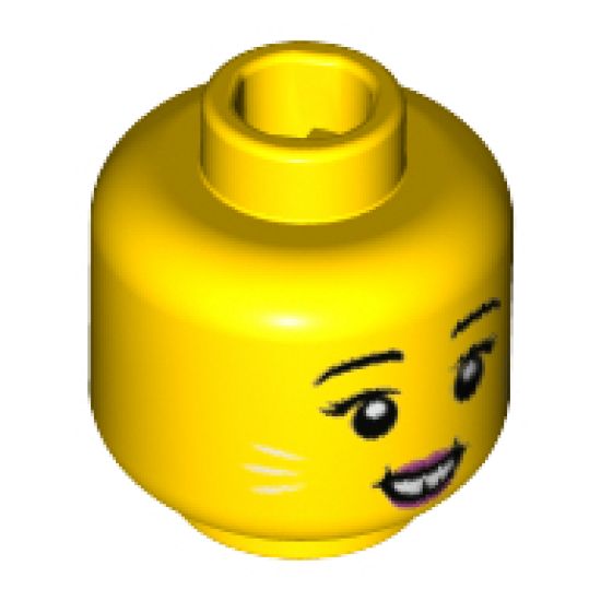 Minifigure, Head Female Black Eyebrows, White Whiskers, Dark Pink Lips, Gap in Teeth Pattern - Hollow Stud