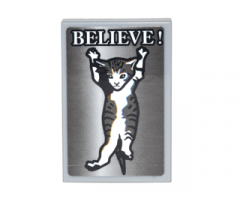 Tile 2 x 3 with Kitten Dangling and White 'BELIEVE!' Pattern (Sticker) - Set 70620