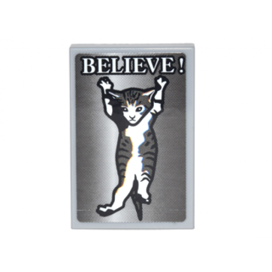 Tile 2 x 3 with Kitten Dangling and White 'BELIEVE!' Pattern (Sticker) - Set 70620