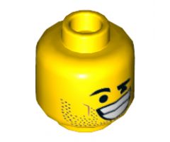 Minifigure, Head Dual Sided Black Eyebrows, Stubble, Lopsided Grin with Teeth / Surprised Pattern (Rex Dangervest) - Hollow Stud