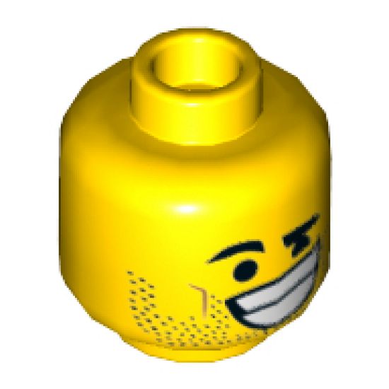 Minifigure, Head Dual Sided Black Eyebrows, Stubble, Lopsided Grin with Teeth / Surprised Pattern (Rex Dangervest) - Hollow Stud